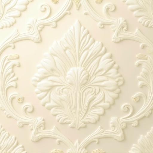 Un raffinato ricamo damascato in tonalità crema e oro, dettaglio di una carta da parati della Collezione Classica, che emana un'eleganza senza tempo.