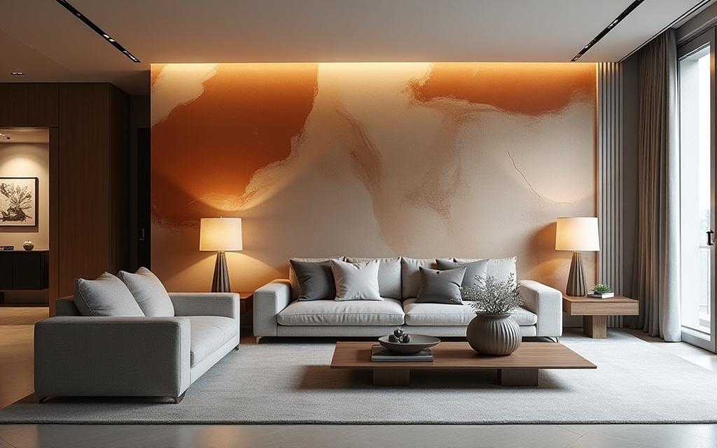 Un moderno soggiorno in una residenza privata a Milano, con una parete d'accento rivestita da una carta da parati astratta in tonalità calde e forme dinamiche.